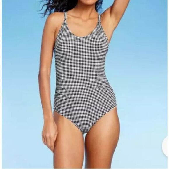 Kona SOl NWT, women’s textured gingham ruched, one piece swimsuit so small - Picture 1 of 4